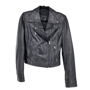 Bod & Christensen Women's Black Leather Cropped Zip Up Moto Jacket Size XS